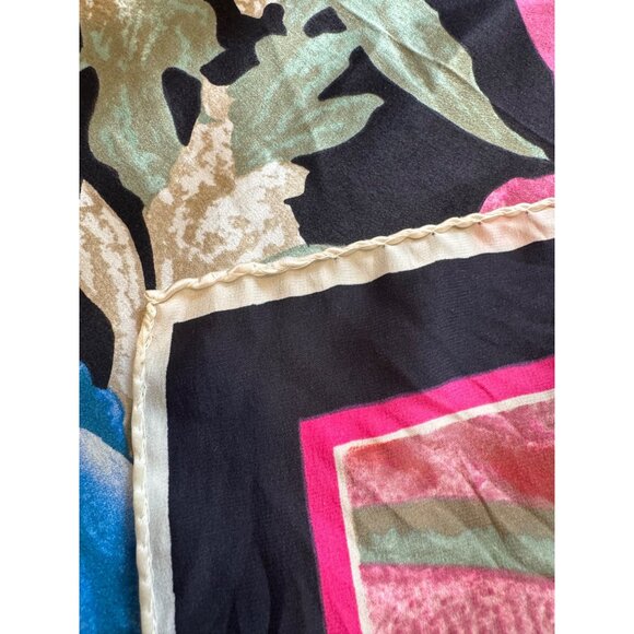 Saldarini Silk Scarf Black & Multicolor Big Floral Hand-Rolled Hem 33" x 33" - Picture 5 of 8